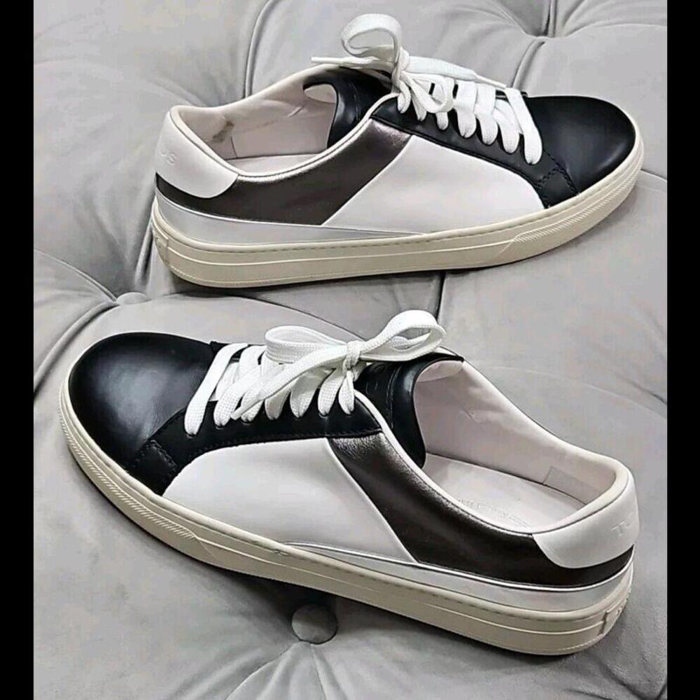 Tod's Black White Silver Leather Sneakers Flats Womens Athletic Shoes 38.5 8.5